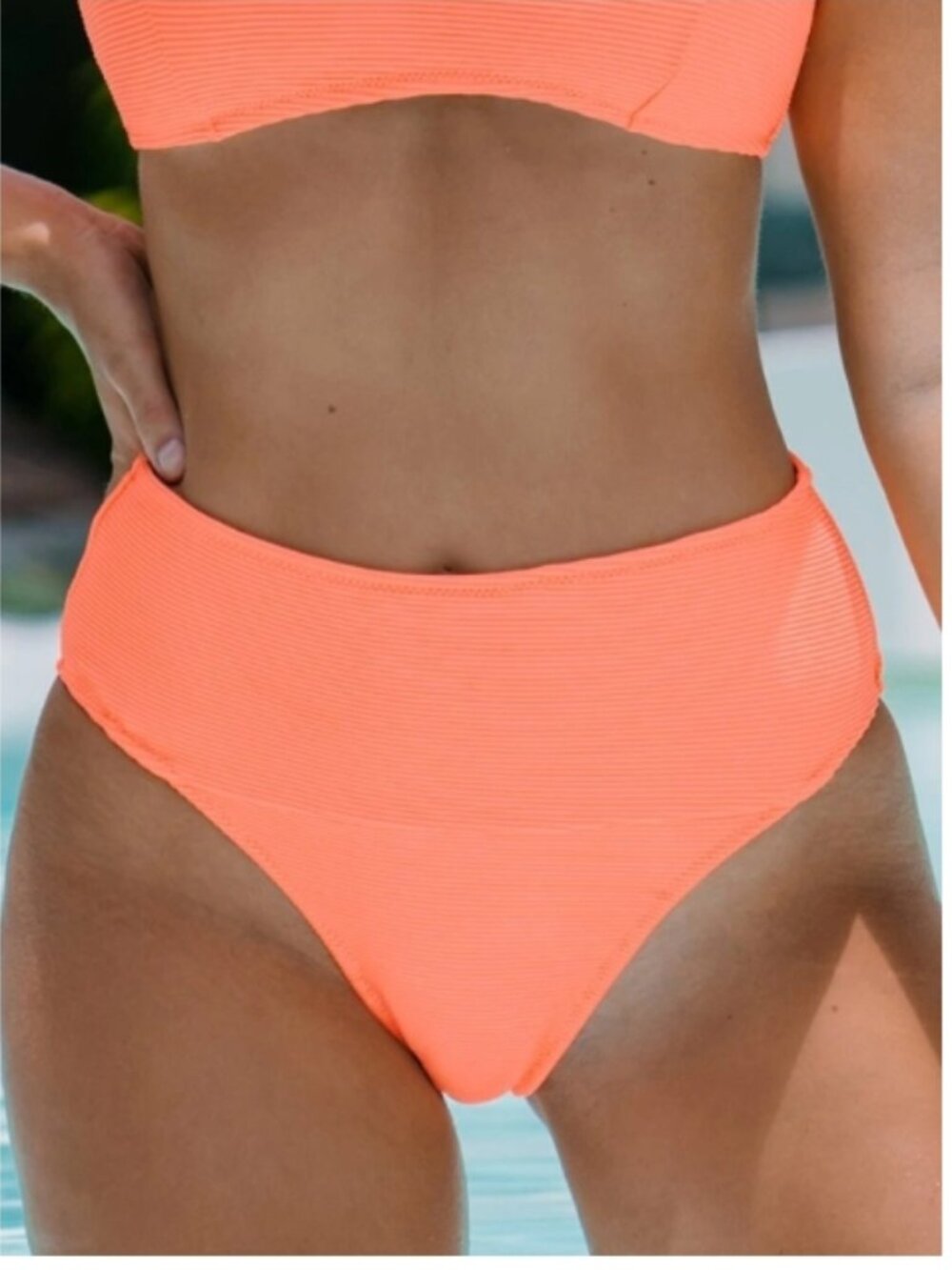 Women’s Ribbed High-Cut Coral Orange Bikini Bottom